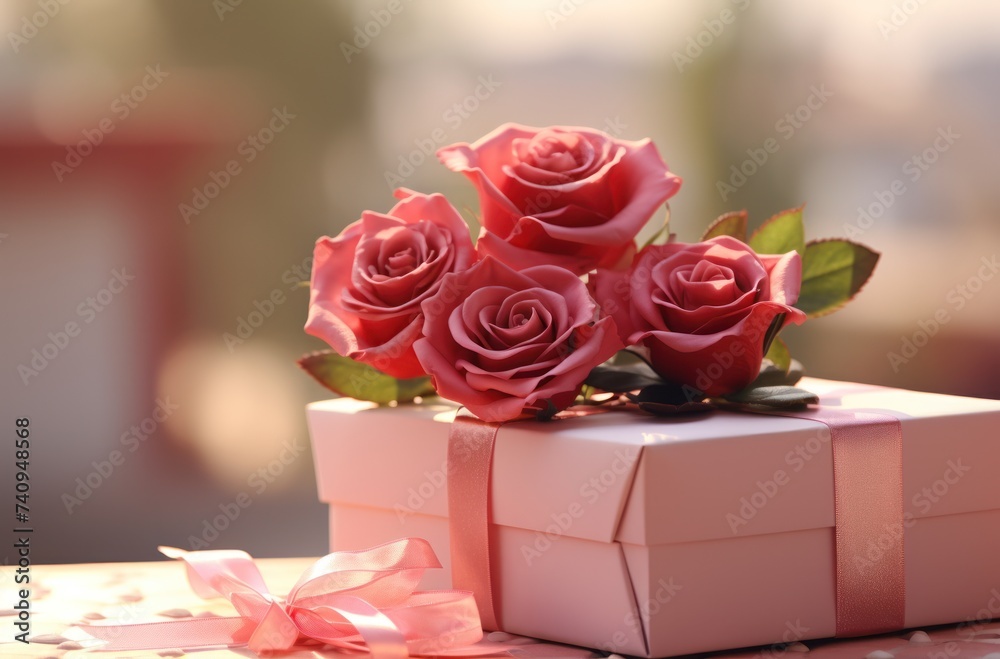 a red rose and gift set on a pink surface