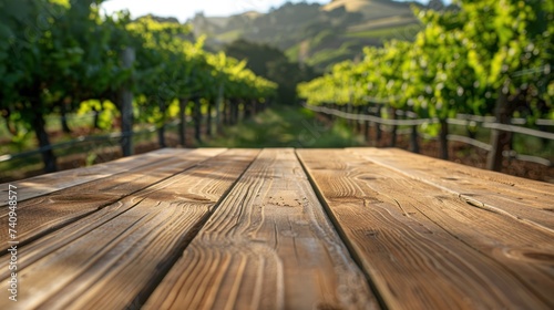 An empty wooden table set against a vineyard backdrop, with the focus on the tabletop