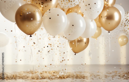 a photo of party balloons with gold sequins and gold confetti