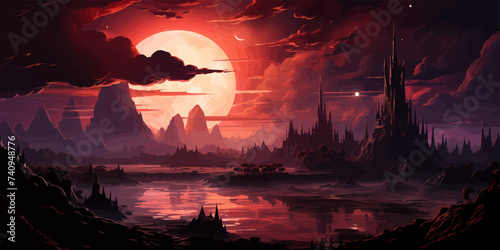 landscape sky clouds. Red sunset in the clouds. Engraving style. vector flat bright colors