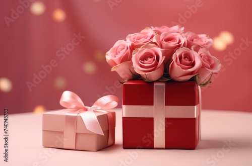 a red rose and gift set on a pink surface © olegganko