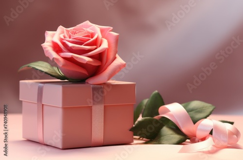 a red rose and gift set on a pink surface