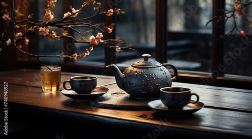 a teapot and tea cup next to brown wooden table