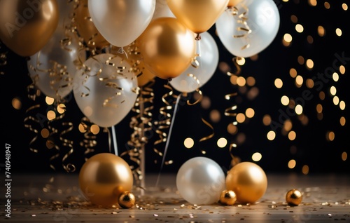 a photo of party balloons with gold sequins and gold confetti