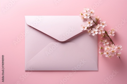 an envelope with a blue paper, pink flowers and flower bow