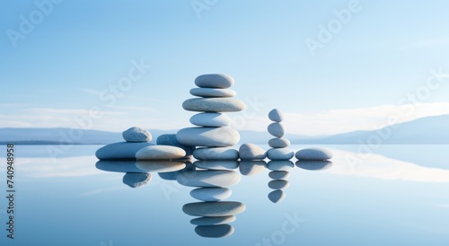 an arrangement of stones is arranged in front of a mirror