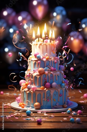 birthday cake with balloons and candles