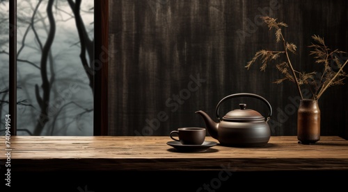 a teapot sits in front of a wood and bamboo table