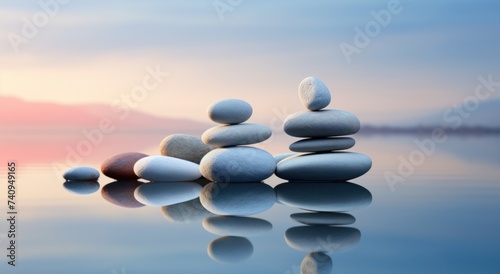 an arrangement of stones is arranged in front of a mirror