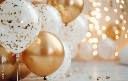 a photo of party balloons with gold sequins and gold confetti