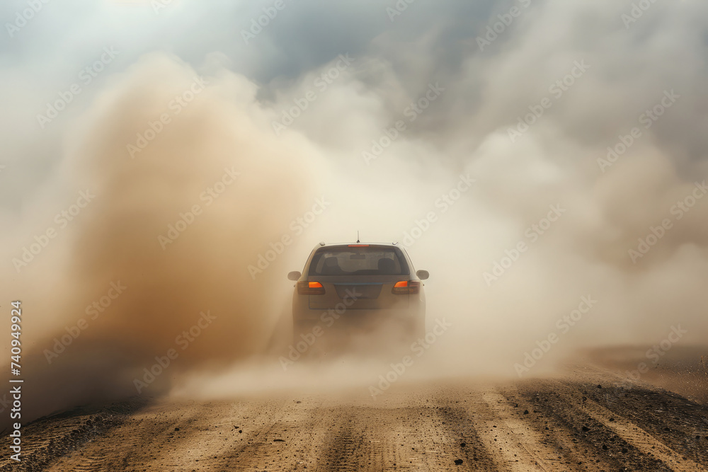 Fototapeta premium Car is driving down dusty dirt road surrounded by towering mountains. Vehicle kicks up clouds of dust as it navigates the rugged terrain