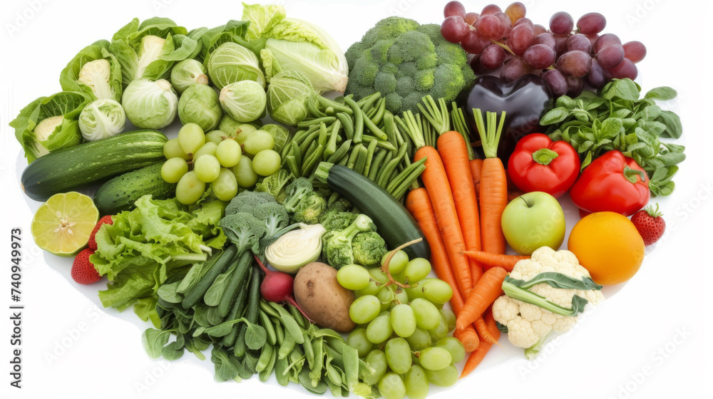 variety of colorful fruits and vegetables arranged in a semicircle on a white background, creating a visual representation of a healthy diet.