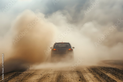Car is driving down dusty dirt road surrounded by towering mountains. Vehicle kicks up clouds of dust as it navigates the rugged terrain