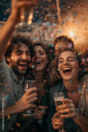 Group of friends celebrating with beers and confetti in a bar