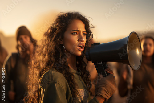 attractive mulato girl screams through megaphone on protest demonstration in crowd, closeup on face photo