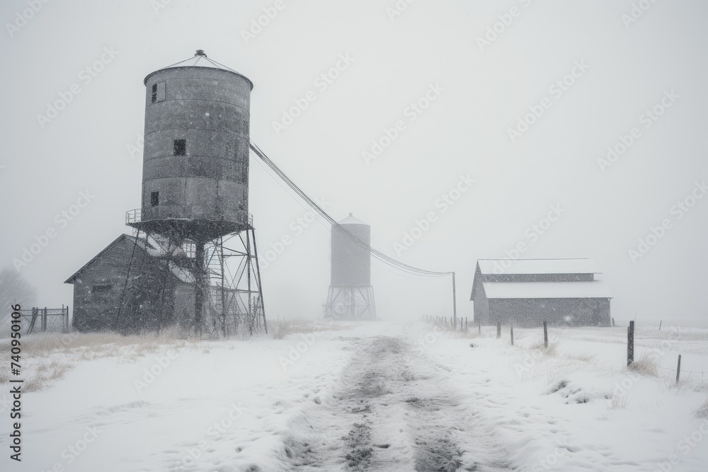 Amidst a swirling snowstorm, a stalwart granary stands guard over a silent, white draped farmstead in the harshest of winters - obrazy, fototapety, plakaty 