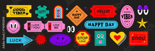 A set of bright vibes, cute, joyful drawn stickers for a good mood with smiles and joyful faces. Collection of cartoon characters to decorate retro designs. Flat doodle style. Vector illustration.