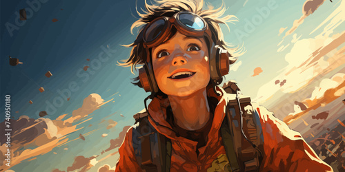 the boy flying in the sky with the planes, digital art style, illustration painting © Влада Яковенко