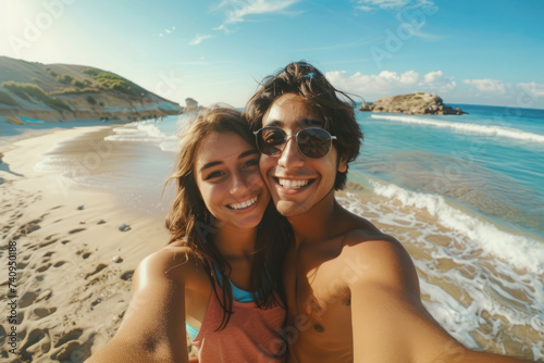 Man and woman standing on sandy beach, smiling at camera as they take selfie with sea view in background. Happy couple on summer vacations