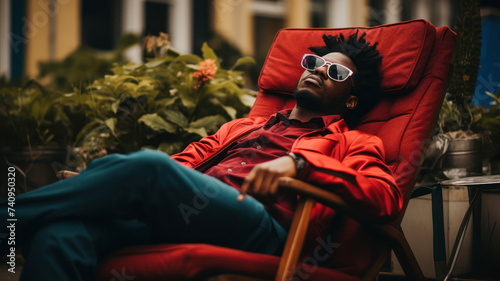 Young african american man in red coat and sunglasses sitting on a red armchair.
