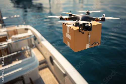 Smart package Drone Delivery internet of things. Box shipping agriculture freight drone parcel home technology transportation. Logistic tech prescription delivery mobility ai advancements photo