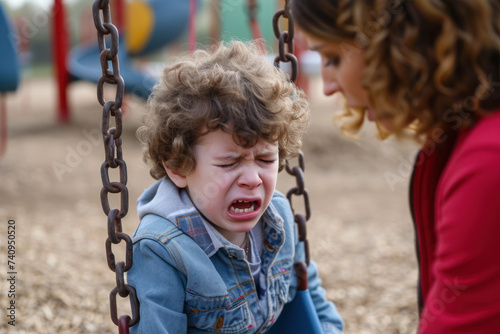 young boy crying at a playground because he doesn't want to share the swing