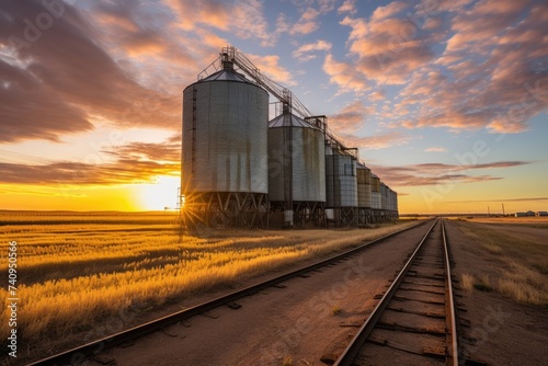 Railway tracks lead straight to the grain silos, standing tall against a dramatic sunset sky that casts a golden hue over the fields