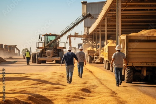 Workers stride across the granary yard, where heaps of golden grain form a carpet under the harsh sunlight, with machinery and silos in the backdrop