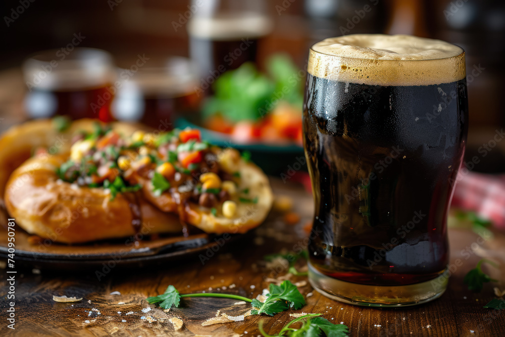 rustic still life of a pint of stout beer with a plate of traditional pub food rustic still life of a pint of stout beer with a plate of traditional pub food