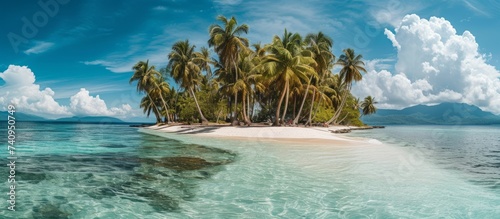A small island with palm trees sits in the middle of the ocean, surrounded by water, clouds, and a vast sky. This natural landscape is a tranquil escape for travelers seeking coastal beauty
