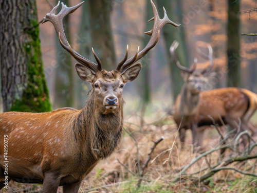 Majestic stag with striking antlers in the forest.