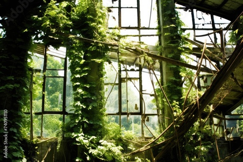 Sunbeams filter through the shattered windows of an abandoned building  illuminating the rampant overgrowth within its remains