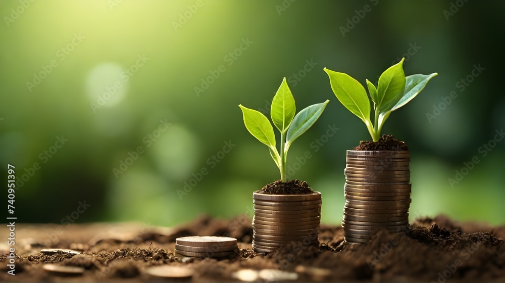 Successful investments in green, sustainable projects, highlighting the growing trend of environmentally conscious investing and ESG (Environmental, Social, and Governance) initiatives, plant growing - obrazy, fototapety, plakaty 