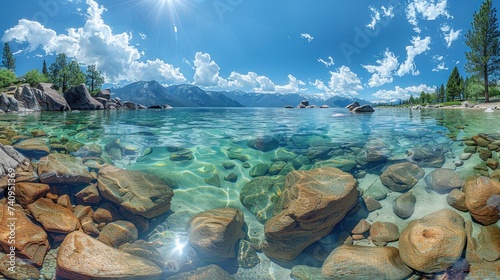 A panoramic view of colorful crystal-clear water at a rocky cove of Sand Harbor, with high peaks of Sierra Nevada at horizon photo