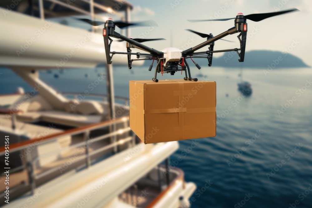 Fototapeta premium Smart package Drone Delivery tech consultants. Box shipping drone logistic optimization parcel ai fairness transportation. Logistic tech hydroponic gardening mobility bike sharing systems