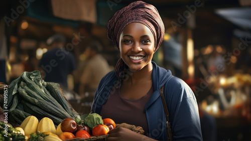 Portrait of smiling african woman with bag of vegetables at market photo