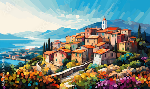 stylized digital painting of rural Italy, town kaleidoscope cobblestone vivid colors panorama rural vector