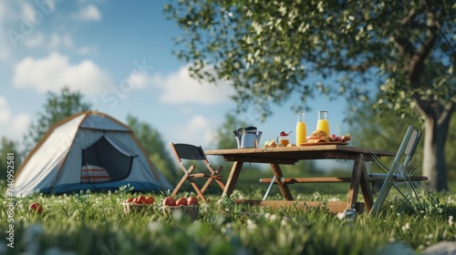 A tent on the wide grass, a picnic table with a few folding chairs, the table is placed on some drinks, fruits, snacks 
