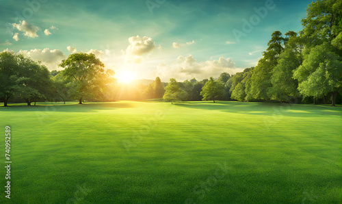 Wide lawn trimmed with precision under a blue sunny sky © karandaev