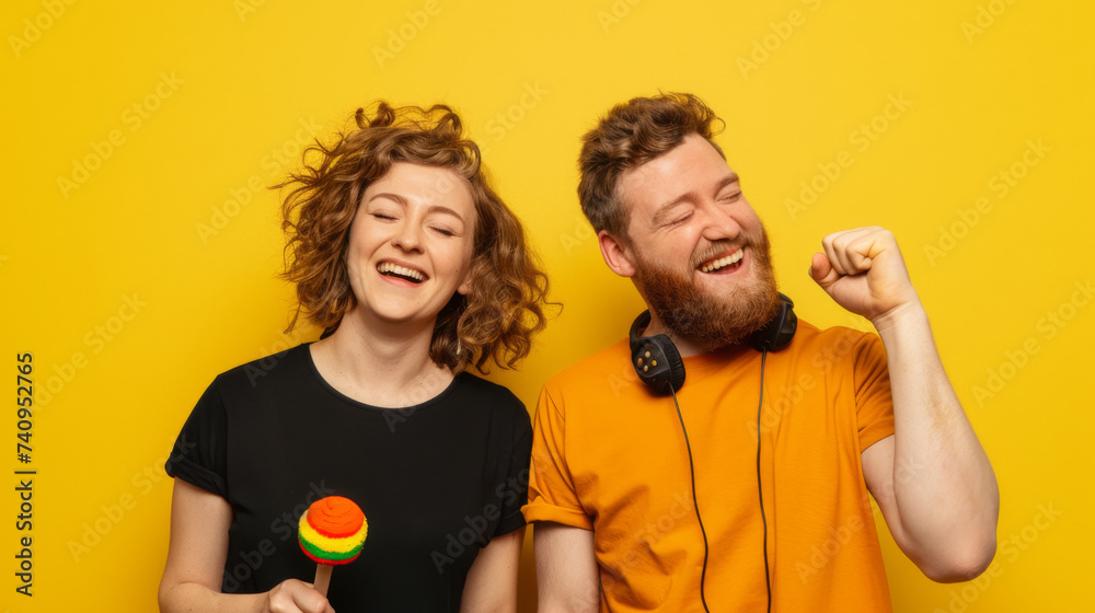 Two friends are laughing heartily against a yellow background, one holding a colorful lollipop, the other with headphones around his neck, sharing a joyful moment. Two friends are laughing heartily against a yellow background, one holding a colorful lollipop, the other with headphones around his neck, sharing a joyful moment.