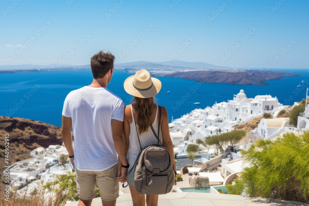Young couple exploring charming santorini streets with captivating views and ocean scenery