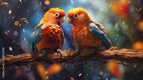 A pair of lovebirds with colorful wings perched on a dry tree branch in the forest background