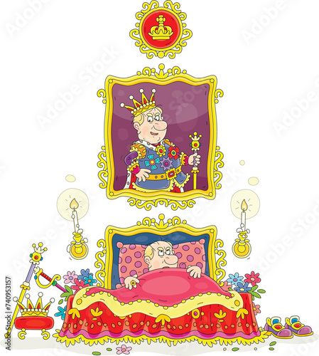 Angry king lying in a magnificent bed with midnight insomnia reflecting on his incredible greatness under his big formal portrait in a bedroom of a royal palace in a fairytale kingdom, vector cartoon