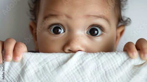 A baby with wide blue eyes is peeking over the top of a white edge, gripping it with tiny hands. photo