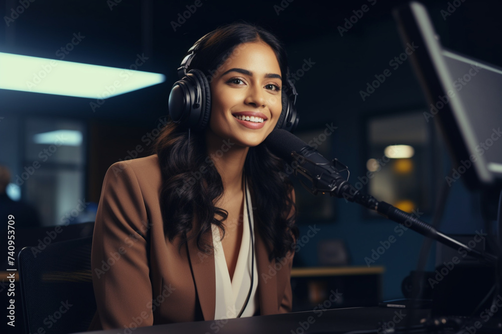 Waist-up portrait of a professional multi-ethnic female business manager with a friendly smile engaging in a podcast recording in a corporate environment Waist-up portrait of a professional multi-ethnic female business manager with a friendly smile engaging in a podcast recording in a corporate environment