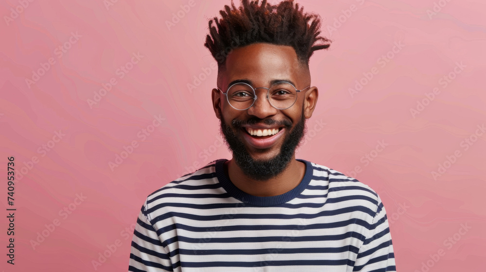A young man in glasses with a joyful expression and a casual striped shirt stands against a vibrant pink background. A young man in glasses with a joyful expression and a casual striped shirt stands against a vibrant pink background.