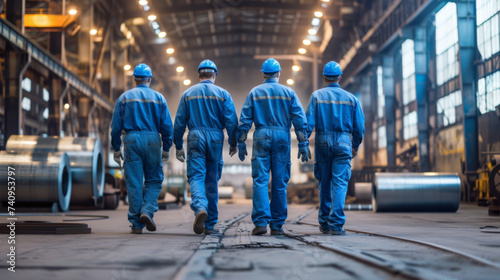 industrial workers in blue uniforms and hard hats walking away in a large industrial facility or factory photo