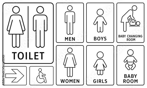 Toilet signs: men, women, boy, girl, changing room, disabled person. Set of vector line icons with editable stroke. Simple WC or bathroom door symbols. Different versions of gender icons.