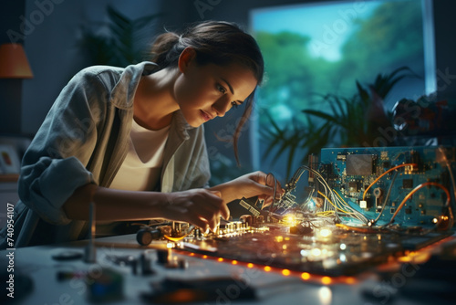 Young woman soldering circuit board at home