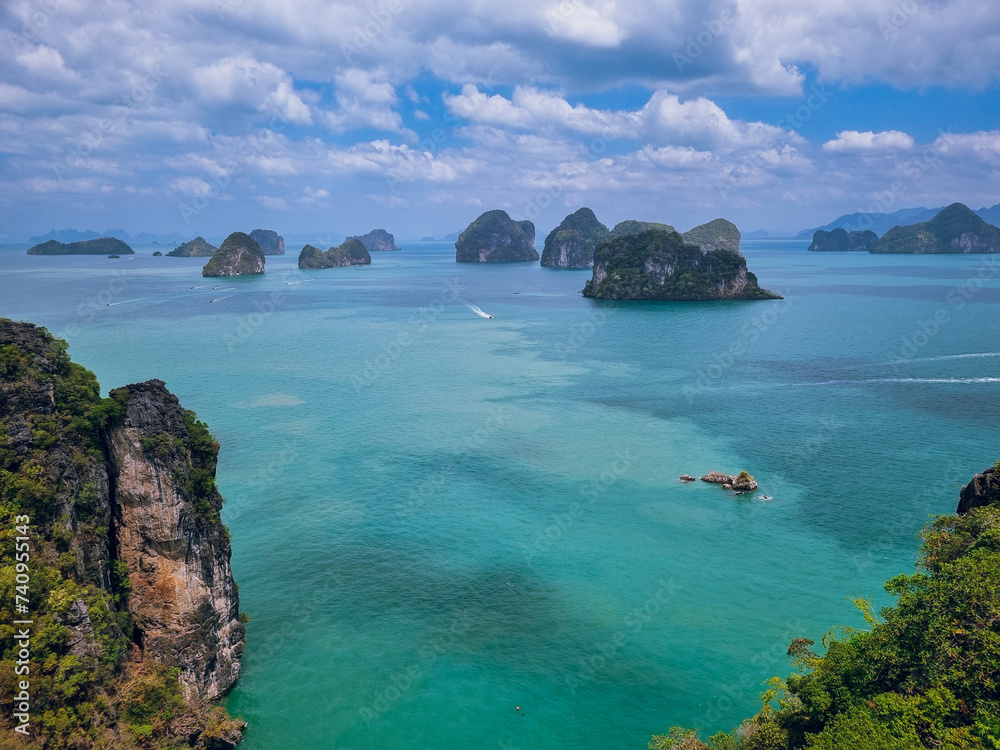 Panoramic view to Phang Nga Bay with beautiful scenery from Hong Island 360° viewpoint,  best viewpoint in Krabi